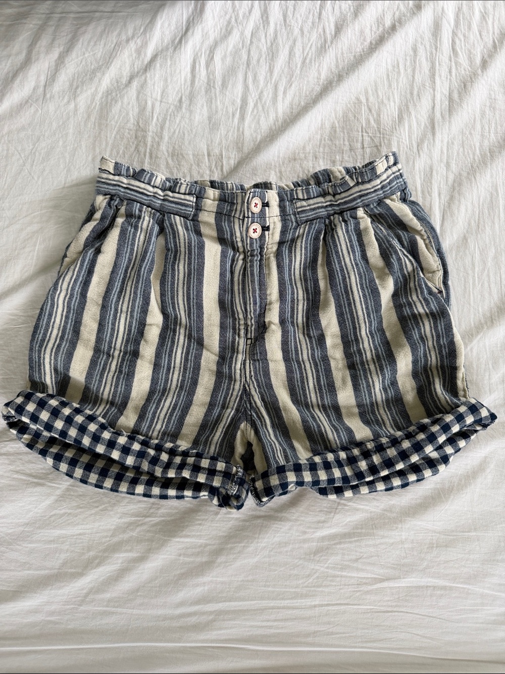 Anthropologie Navy and Cream Striped Roll-Cuff Shorts